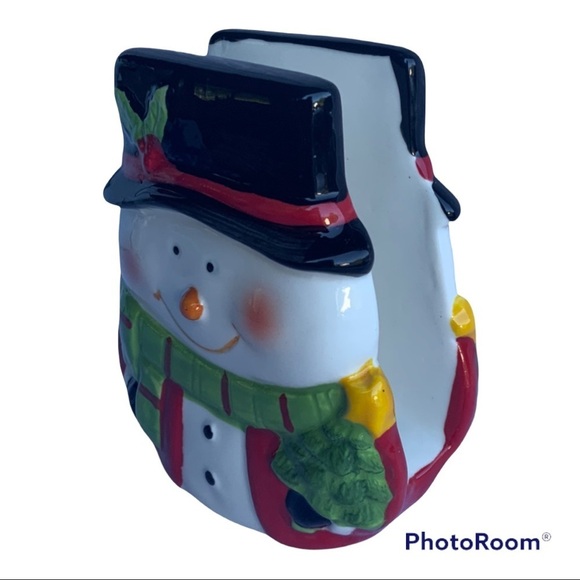 Snowman Ceramic Hand Painted Soap Lotion Dispenser Napkin Letter Holder Set - Picture 3 of 13
